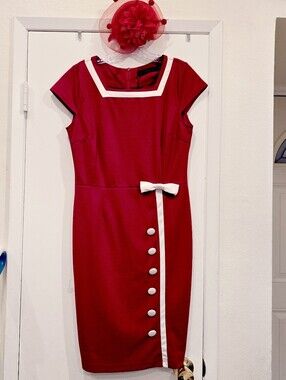 Women's Red Pin Up Dress with White Trim, Buttons and Bow XXL